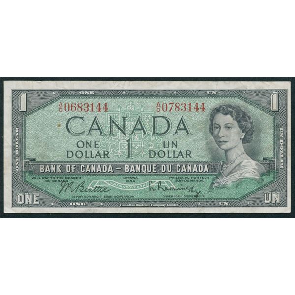 Bank of Canada $1, 1954 - Mismatched Serial Numbers