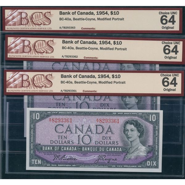 Bank of Canada $10, 1954 - Lot of 3 Consecutive's