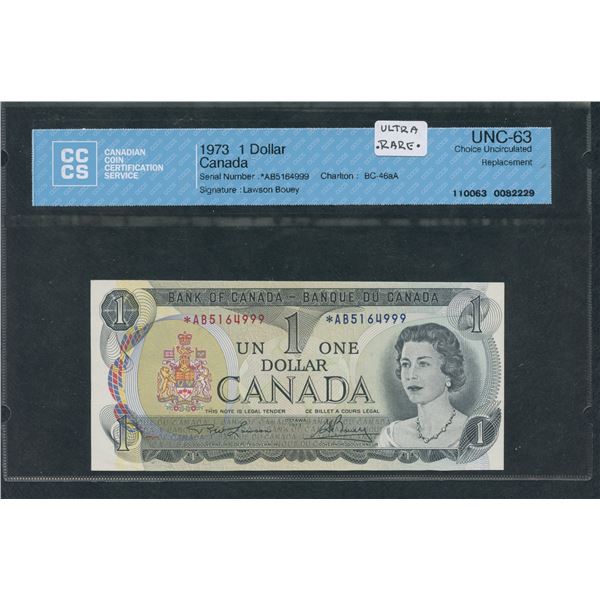 Bank of Canada $1, 1973, *AB - Rare Replacement