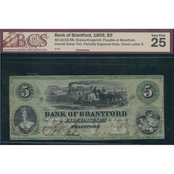 Bank of Brantford $5, 1859