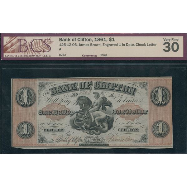 Bank of Clifton $1, 1861