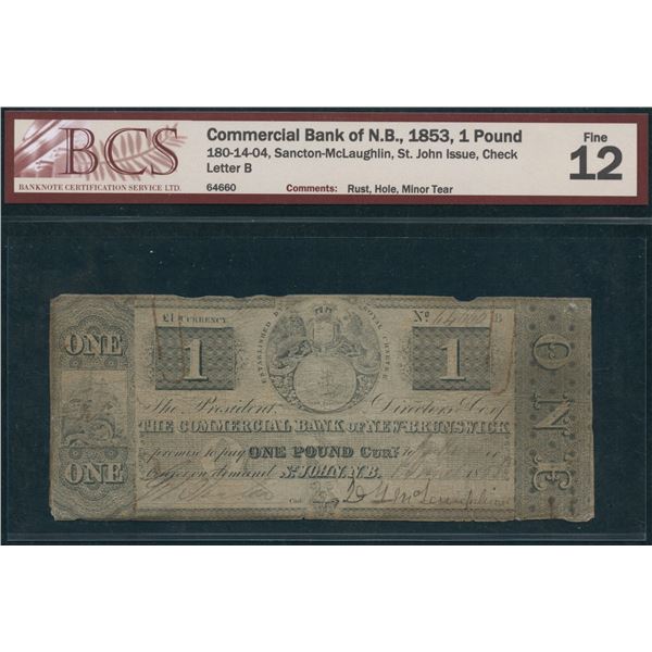 Commercial Bank of New Brunswick £1, 1853