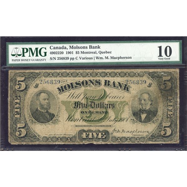 Molsons Bank $5, 1901