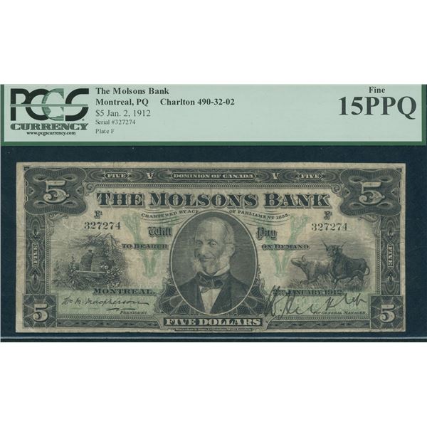 Molsons Bank $5, 1912