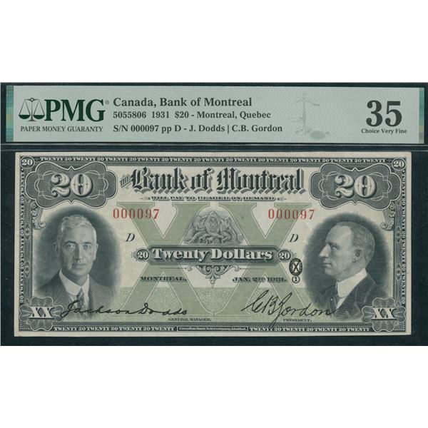 Bank of Montreal $20, 1931 - Low Serial Number