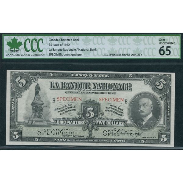 La Banque Nationale $5, 1922 - Specimen