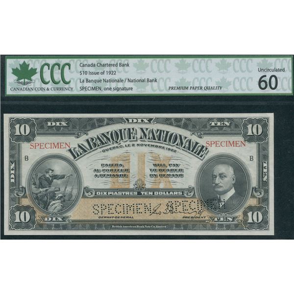 La Banque Nationale $10, 1922 - Specimen