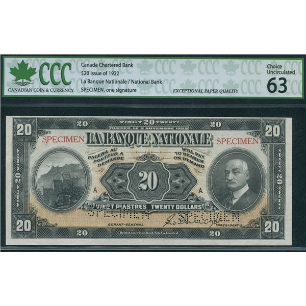 La Banque Nationale $20, 1922 - Specimen