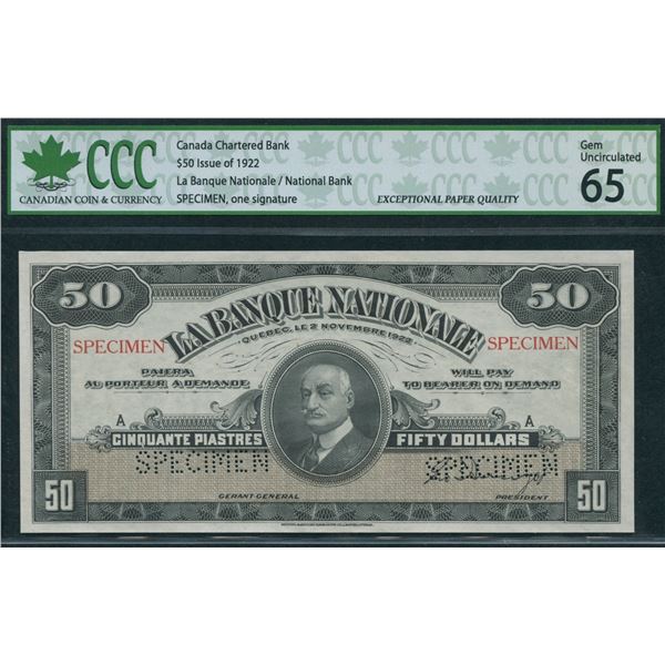 La Banque Nationale $50, 1922 - Specimen