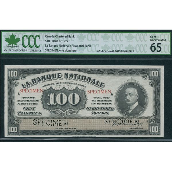 La Banque Nationale $100, 1922 - Specimen