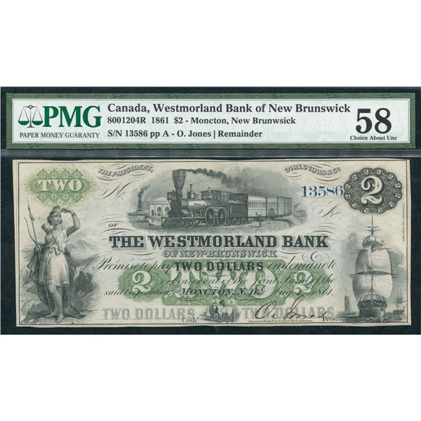 Westmorland Bank of New Brunswick $2, 1861 - Remainder