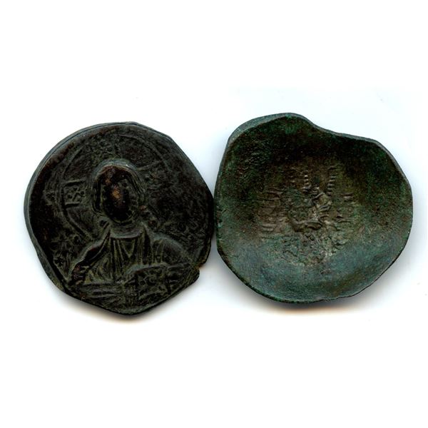 Byzantine Empire - Bronze Follis + Billon Scyphate. Lot of 2