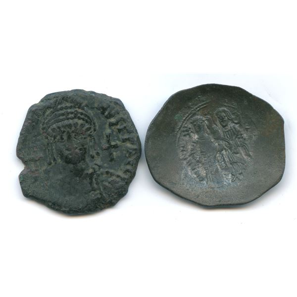 Byzantine Empire - Bronze Half Follis + Billon Scyphate. Lot of 2