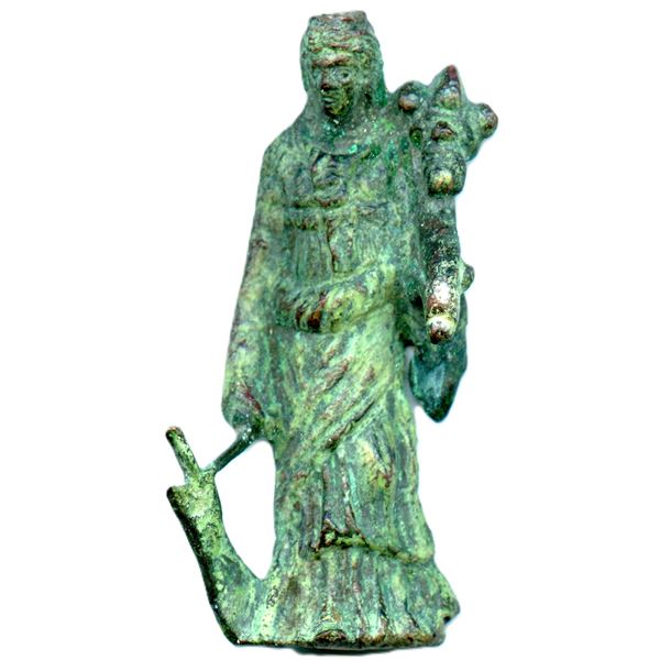 Roman Bronze Fortuna Figure with green patina.