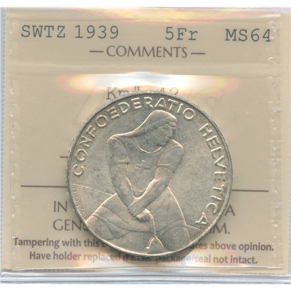 1939 Switzerland 5 Francs