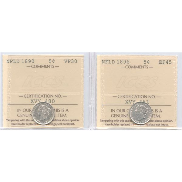 1890 & 1896 Newfoundland Five Cents - Lot of 2