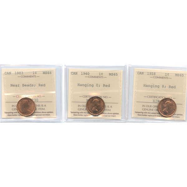 1958, 1960 & 1983 One Cent Varieties - ICCS Graded Lot of 3