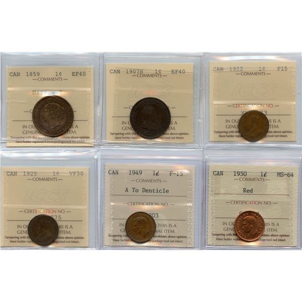 Canadian One Cents - ICCS Graded Lot of 6