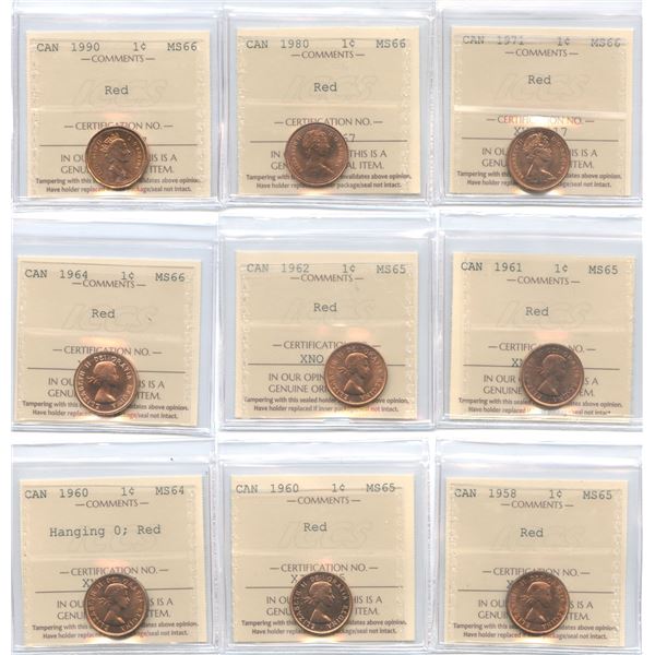 1958-1990 Canadian One Cents - ICCS Graded Lot of 9 Coins