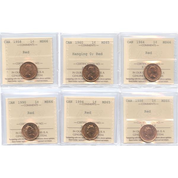 1958-1998 Canadian One Cents - ICCS Graded Lot of 6 Coins