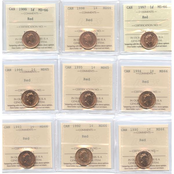 1990-1999 Canadian One Cents - ICCS Graded Lot of 9 Coins