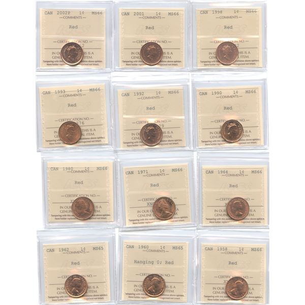 1958-2002P Canadian One Cents - ICCS Graded Gem Lot of 12