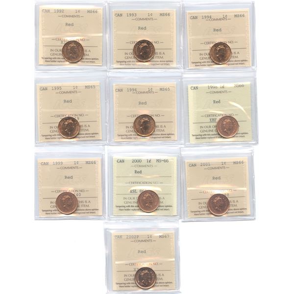 1992-2002P Canadian One Cents - ICCS Graded Lot of 10 Coins