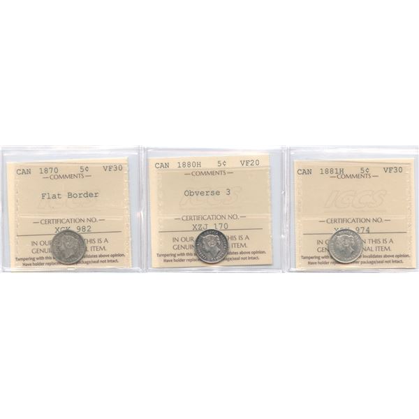 1870, 1880H, 1881H Five Cents All ICCS Graded