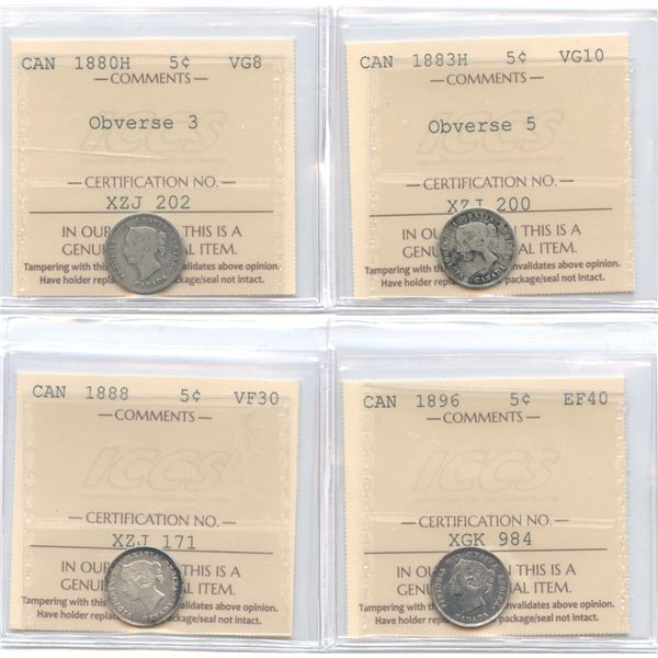 1880H, 1883H, 1888, 1896 Five Cents All ICCS Graded