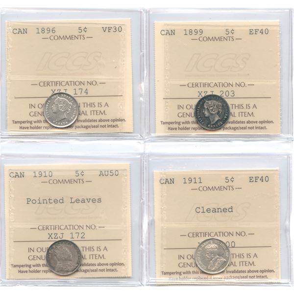 1896, 1899, 1910, 1911 Five Cents All ICCS Graded