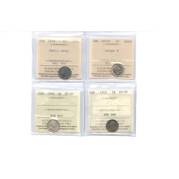 1858, 1902H, 1905, 1912 Five Cents All ICCS Graded
