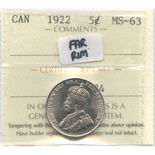 1922 Five Cents - Far Rim (not noted in certificate)
