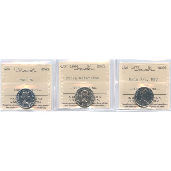 1953, 1964, 1977 Five Cent Varieties - ICCS Graded Lot of 3