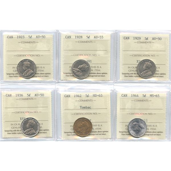 Canadian Five Cents - ICCS Graded Lot of 6