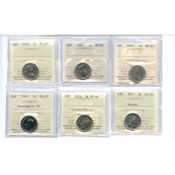 Canadian Five Cents - ICCS Graded Lot of 6