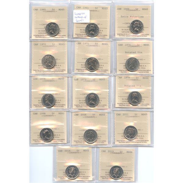 1960-2019 Canadian Five Cents - ICCS Graded Lot of 14 Coins