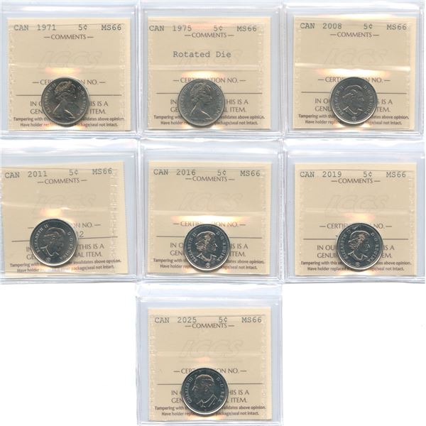 1971-2025 Canadian Five Cents - ICCS Graded Lot of 7 Gems