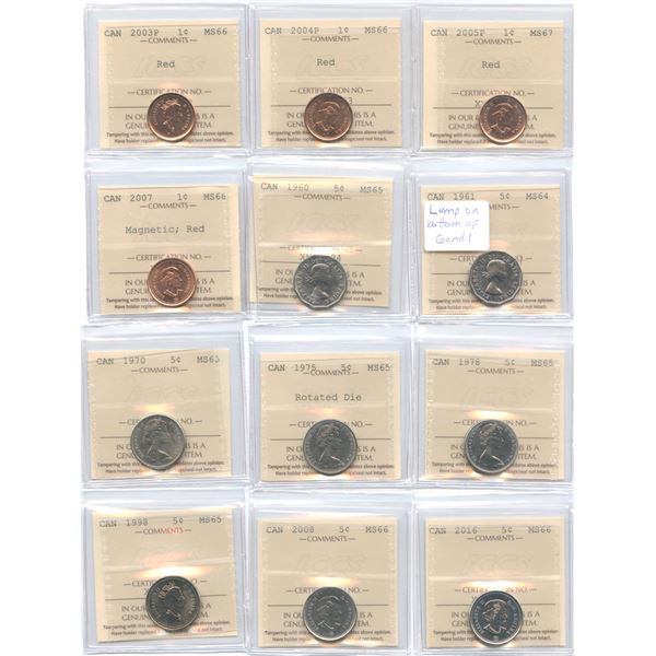 Canada One Cent & Five Cents - ICCS Graded Lot of 12