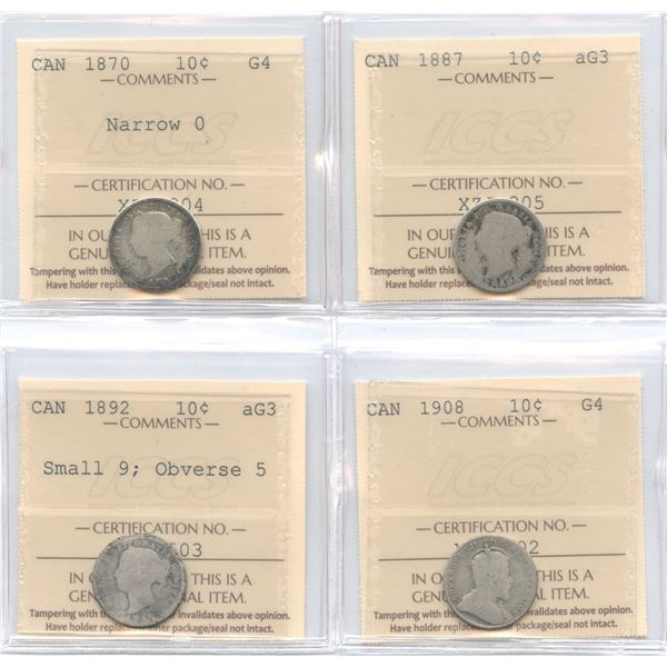 1870, 1887, 1892, 1908 Ten Cents