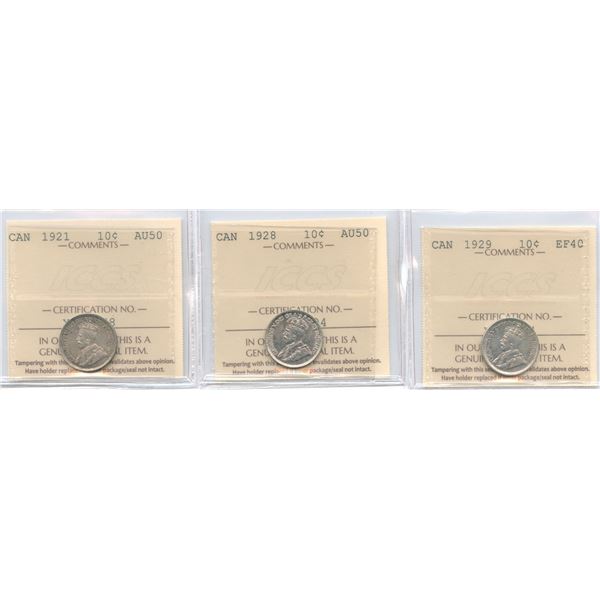 1921, 1928, 1929 Ten Cents All ICCS Graded