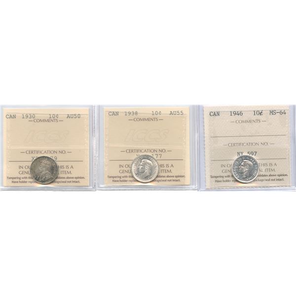 1930, 1938, 1946 Ten Cents All ICCS Graded