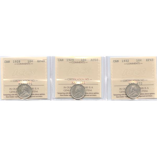 1928, 1929 & 1930 Ten Cents - Lot of 3 ICCS Graded Trio