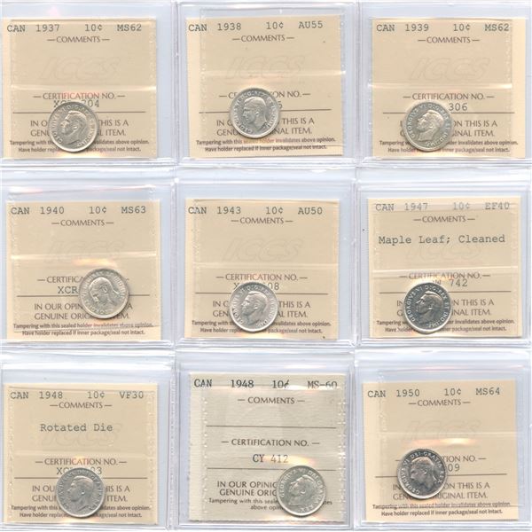 1937-1956 Canadian Ten Cents - ICCS Graded Lot of  14 Coins