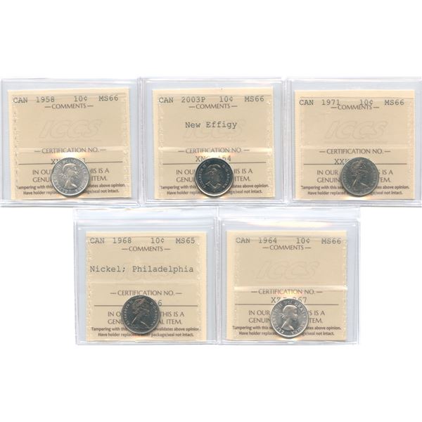 1958-2003P Canadian Ten Cents - ICCS Graded Lot of 5 Coins