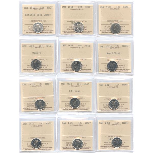 1958-2025 Canadian Ten Cents - ICCS Graded Lot of 12 Coins