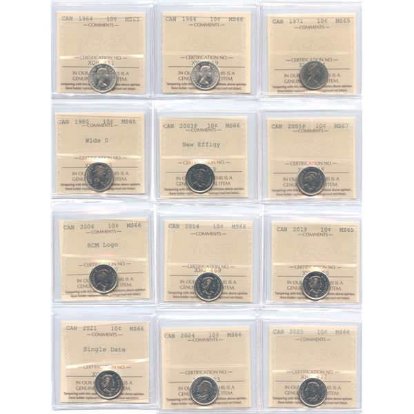 1964-2025 Canadian Ten Cents - ICCS Graded Lot of 12 Coins