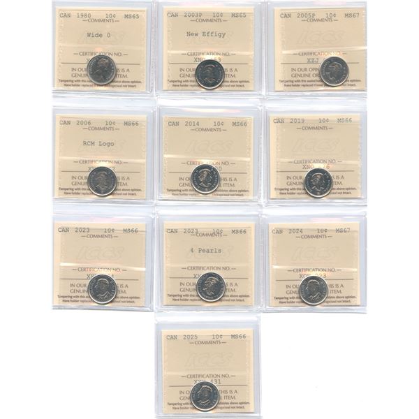 1980-2025 Canadian Ten Cents - ICCS Graded Lot of 10 Coins