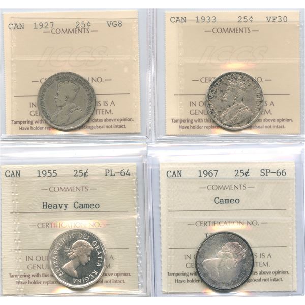 1927, 1933, 1955, 1967 Twenty-Five Cents All ICCS Graded