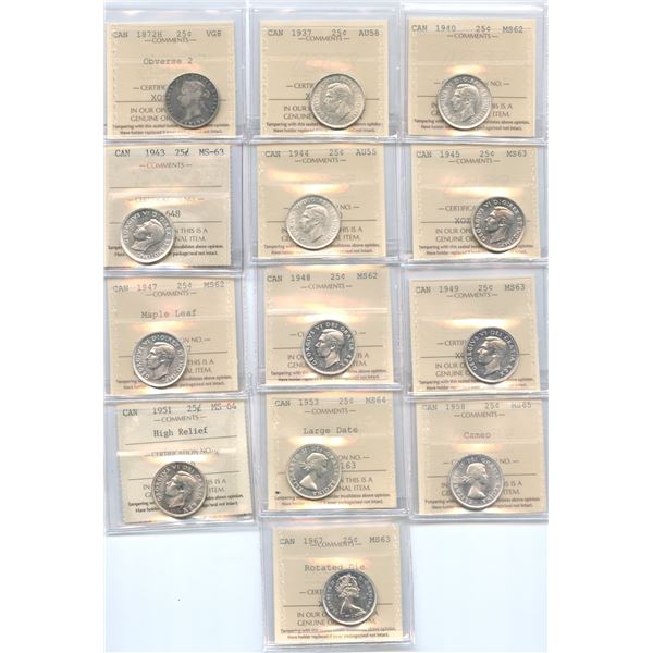 1872H-1967 Canadian Twenty-Five Cents - ICCS Graded Lot of 13 Coins