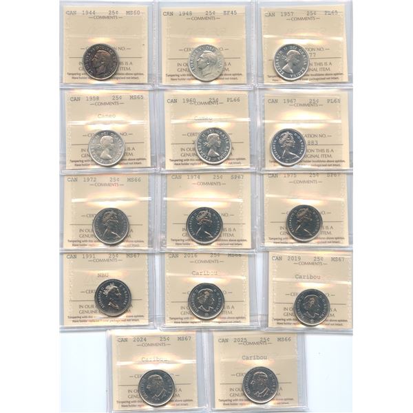 1944-2025 Canadian Twenty-Five Cents - ICCS Graded Lot of 14 Coins